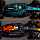 A photo of the new Aston martin F1 car compared with the current Red Bull racer.